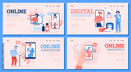 Set of vector web pages with concept of online medicine, distance medical consultation and diagnostics. Chat for doctors and patients, prescription and treatment using internet.