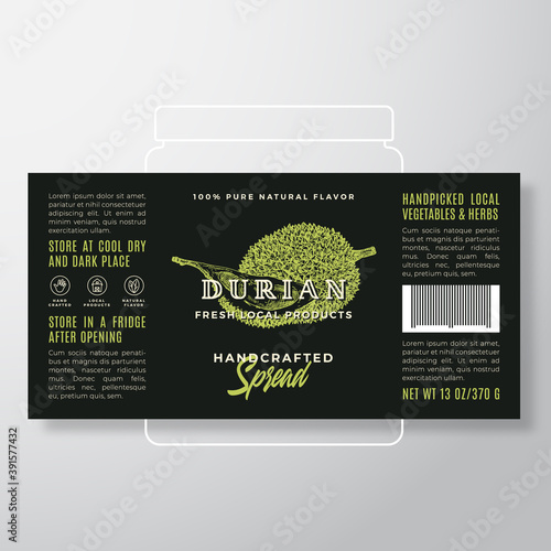 Handcrafted Fruit Spread or Jam Label Template. Abstract Vector Packaging Design Layout. Modern Typography Banner with Hand Drawn Durian with Slice Silhouette Background. Isolated