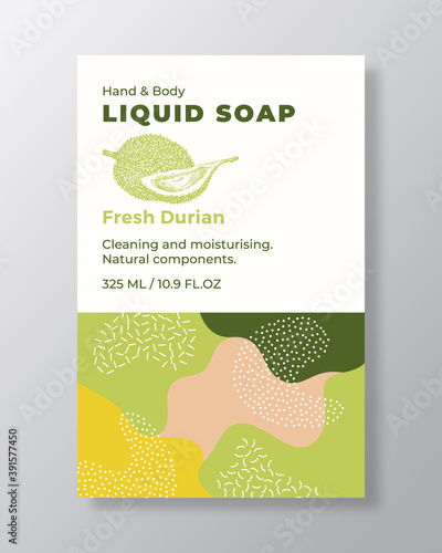 Liquid Soap Package Label Template. Abstract Shapes Camo Background Vector Cover. Cosmetics Packaging Design. Modern Typography and Hand Drawn Durian with a Slice Sketch. Isolated