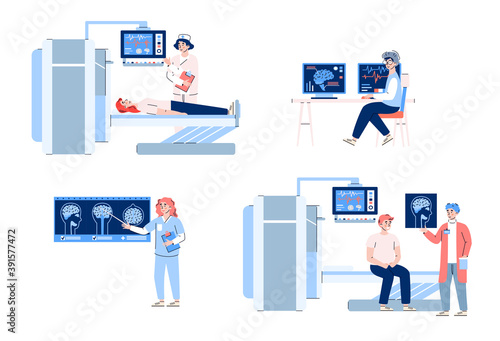 Doctors research at results of patients brain mri scan. Health checkup using magnetic resonance diagnostics, tomography in hospital. A set of vector illustrations