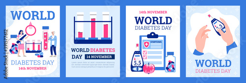 Set of banners or cards for World Diabetes Day, cartoon flat vector illustration. Posters for diabetes disease prophylactics, prevention and diagnostics.