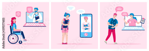 Concept of online medicine, distance medical consultation and treatment for illness patients or people with disabilities. Set of vector illustrations.