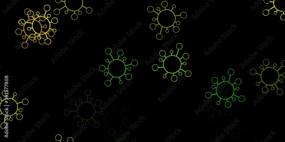Dark green, yellow vector background with covid-19 symbols. Dark green, yellow vector background with covid-19 symbols.