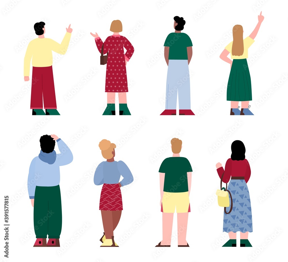 People in casual clothes are standing in different poses with backs turned. Set of male and female characters rear view. Men, women behind. Vector isolated illustrations.