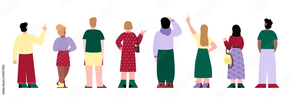 Row of people standing with their backs, cartoon flat vector illustration isolated on white background. Men and women cartoon characters look ahead of them.