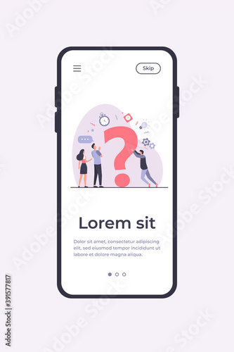 People searching solutions and asking for help. Men and women discussing huge question mark. Vector illustration for communication, assistance, consulting concept