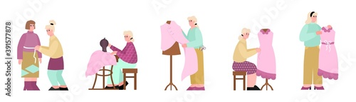 Stages of sewing clothes in sewing workshop with process of measurement, professional equipment. Seamstress sews pink dress in atelier for customer. Tailoring service shop. Vector.