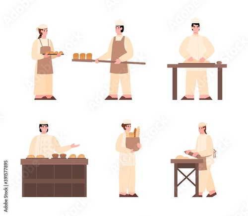 Set of characters of bakers engaged in baking process, selling bread and sweet pastries. People in uniform working on bakery shop. Bake industry, production. Vector illustrations