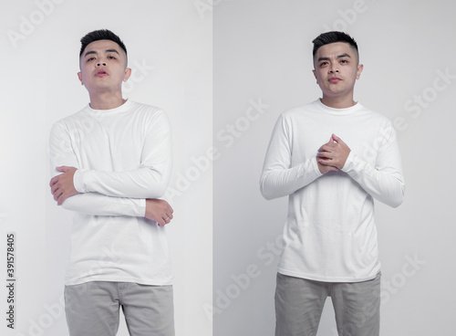 Man on white long sleeve t-shirt suitable for mockup