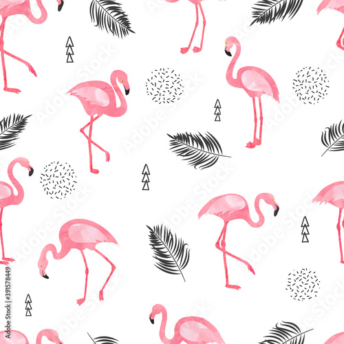 Seamless flamingo bird pattern. Vector background with watercolor flamingos and tropical leaves.	