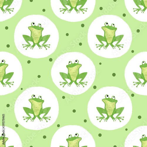 Cute watercolor frog pattern. Seamless polka dot background for kids.