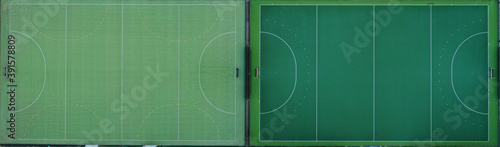 Aerial view of two sport fields with artificial grass in different colors used for field hockey or football
