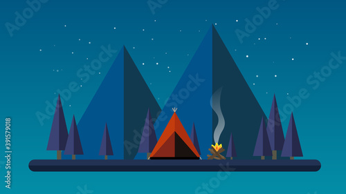 Camping cartoon illustration    flat design landscape at night with mountain   tent and campfire . Camping 