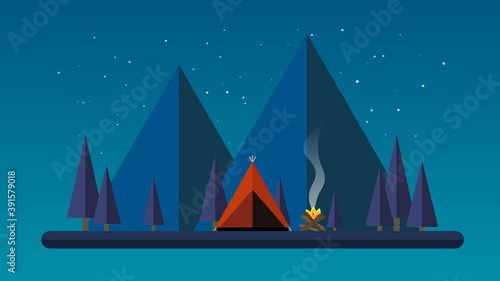 Camping cartoon illustration  , flat design landscape at night with mountain , tent and campfire . Camping 