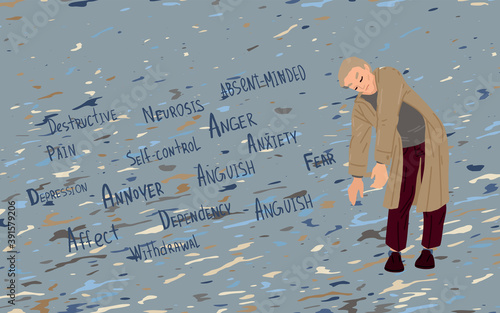 Man in a tired pose, upset. Psychology terms, name for mental health disorders. Depressive mood. Vector illustration