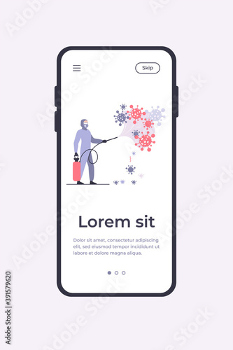 Sanitary workers in protective suits spreading chemicals on virus and disinfecting surface. Vector illustration for coronavirus epidemic, bio hazard, disinfection concept