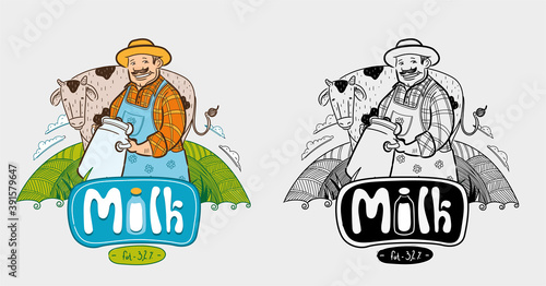 A milkman holding a can of milk on a green meadow with a cow and a logo for dairy products.