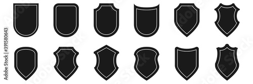 Shield emblem collection on white background. Isolated heraldic security symbol. Protection pictogram in black. Privacy icon in medieval style. Vector illustration. EPS 10.