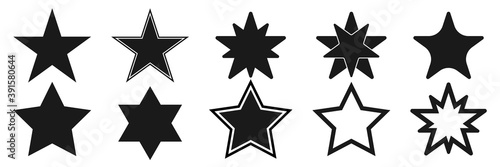 Star icons set on white background. Isolated  stars shape in black. Burst outline twinkle decoration. Polygon silhouette for Christmas holiday. Vector illustration. EPS 10.