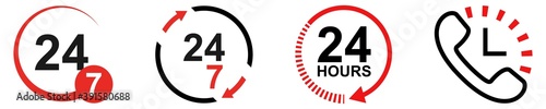 24/7 work hours set. Isolated 24 7 symbol on white background. Phone icon with clock sign. Open hours in a week. Customer support service. Twenty four seven vector illustration. EPS 10.