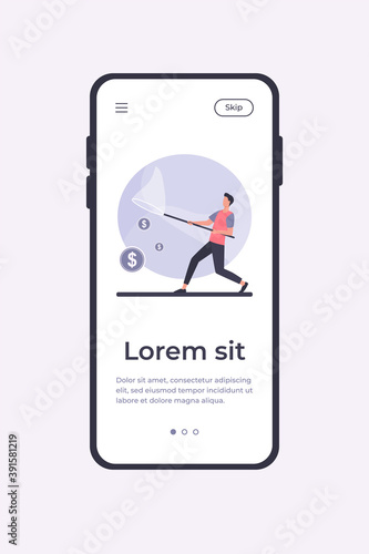 Man catching money with butterfly net. Cash, coins, dollar flat vector illustration. Finance, earning, income concept for banner, website design or landing web page