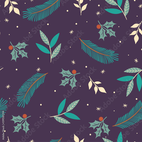 Seamless pattern of winter flora and snow. Vector graphics.