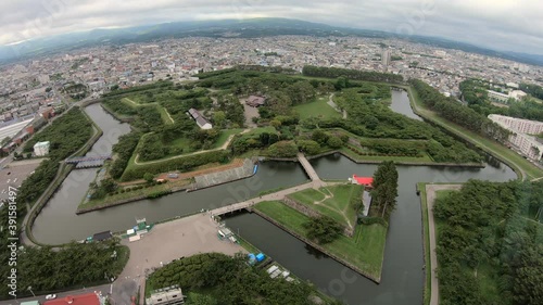 Aerial view of Goryokaku Fort in Hakodate, Hokkaido, Japan, Asia. Japanese urban landscape with famous tourist landmark and historic monument photo