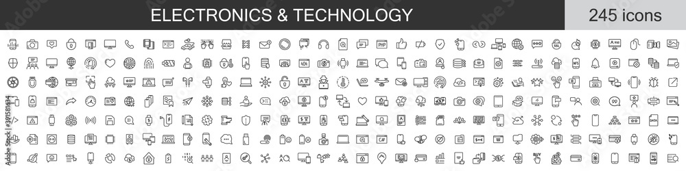 Big set of 245 Electronics and Technology icons. Thin line icons collection. Vector illustration Big set of 245 Electronics and Technology icons. Thin line icons collection. Vector illustration