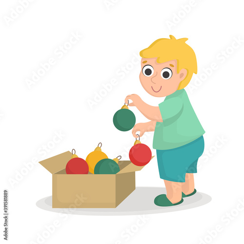 A little boy takes Christmas toys out of a box. New year's character in cartoon style