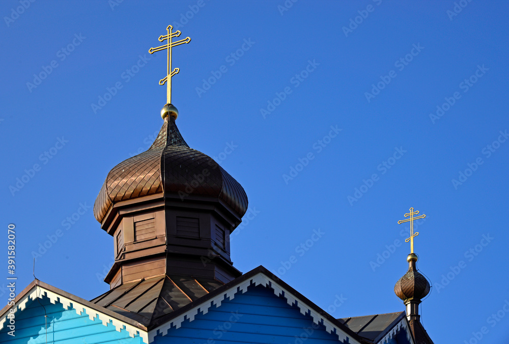 wooden historic temple built in 1885 Orthodox church of the elevation of the Lord's Cross in the village of Narew in Podlasie, Poland