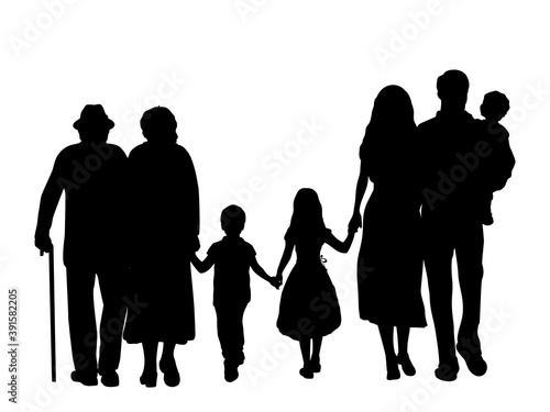 Family silhouettes grandparents father mother and three children from back