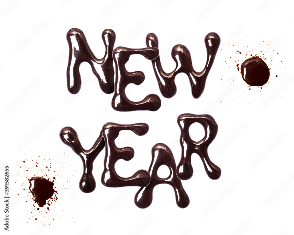 Obraz premium Glossy inscription New Year is made from chocolate font isolated on white background.