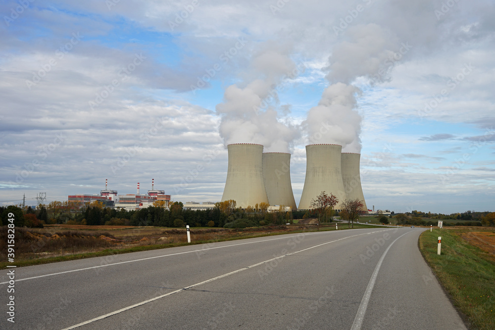 Nuclear power station plant with two reactors and four cooling towers, Soviet design Nuclear power station plant with two reactors and four cooling towers, Soviet design