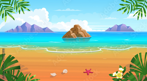  Summer tropical beach with sun loungers, table with cocktails, umbrella, mountains and islands. Seaside landscape, nature vacation, ocean or sea seashore.Vector cartoon illustration. photo