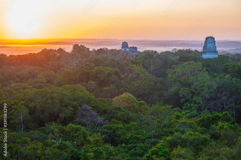 Aerial view of a sunrise above the Peten jungle with the pyramids of Tikal towering above the tree canopy in Guatemala.