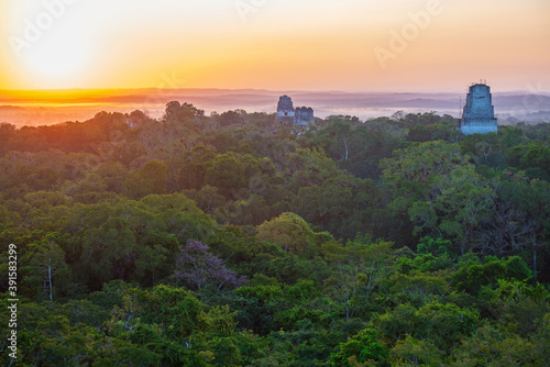 Aerial view of a sunrise above the Peten jungle with the pyramids of Tikal towering above the tree canopy in Guatemala.