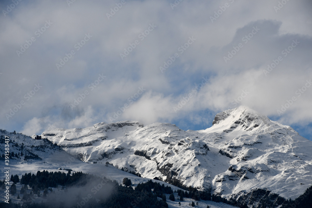 Obraz premium Snow-covered mountains and trees in the European Alps, seen from Vaduz, Liechtenstein