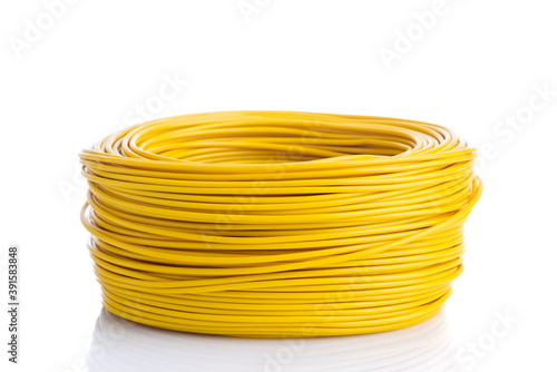 Roll of electric cable wire isolated white background photo