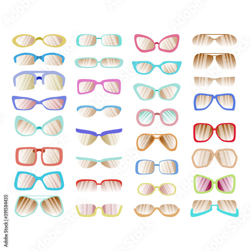 Set of 32 sunglasses in color frames in a flat style isolated on a white background. Eyeglasses set vector illustration. Vintage, classic, modern style glasses rim silhouette. Stylish female optical.