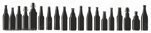 Silhouettes of beer bottles. Various types set. Black and white graphics