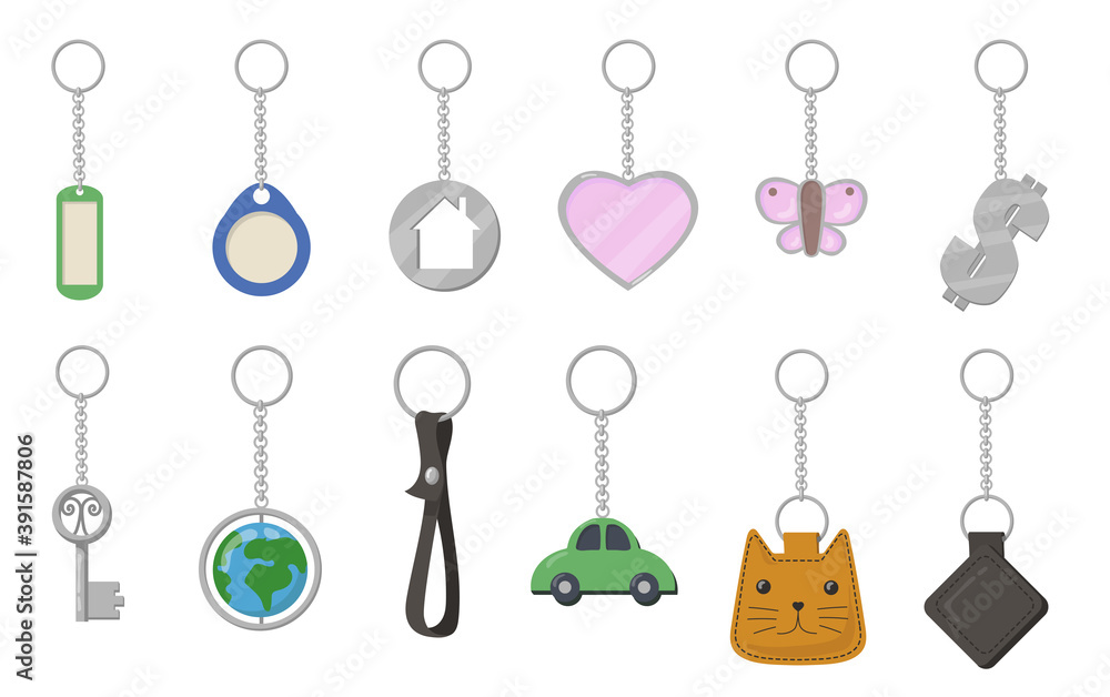 Keychains and keyrings set. Heart, butterfly, cat, car, earth shaped key fobs isolated on white background. Vector illustration for trinket, souvenir, opening door, property rent concept Keychains and keyrings set. Heart, butterfly, cat, car, earth shaped key fobs isolated on white background. Vector illustration for trinket, souvenir, opening door, property rent concept