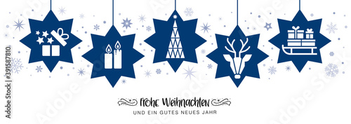 frohe Weihnachten mit blauen Sternen - banner Weihnachtsdekoration - deutsch.