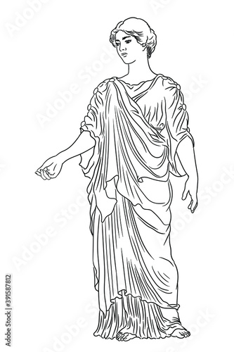 An ancient Greek young woman in a tunic and cape stands looks away and gestures. Figure isolated on white background.