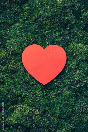 Creative layout made of heart card note on green grass, moss background. Top view. Copy space. Advertising card, invitation. Wild nature, ecology concept. Sustainable, organic, zero waste lifestyle