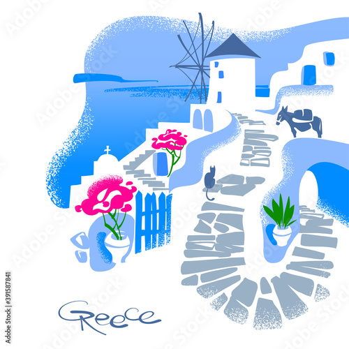 Sunny greek streets, white houses, windmill and stairs. Traditional mediterranean landscape. Santorini island, Greece