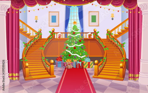 Christmas interior with a staircase  and christmas tree. Сartoon vector illustration.