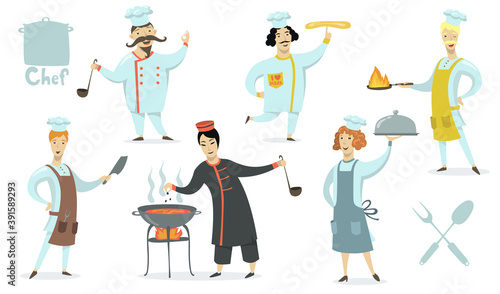 Chefs wearing aprons and cookers hat set. Professionals cooking restaurant meals. Vector illustration for food, culinary, kitchen, job, traditional cuisine concept