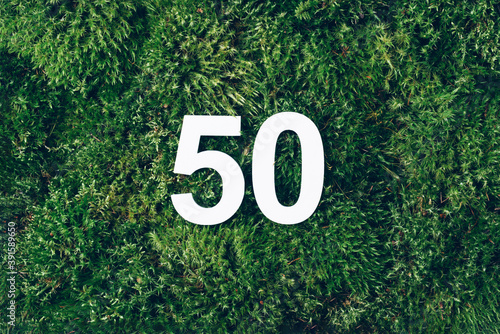 Green grass, digit fifty. Birthday greeting card with inscription 50. Anniversary concept. Top view. White numeral on eco moss background. Numerical digit, Celebration event, template, flyer