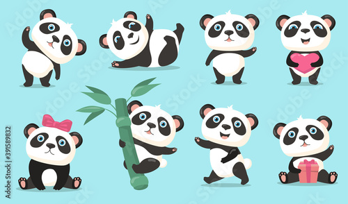 Fototapeta Naklejka Na Ścianę i Meble -  Adorable panda set. Cute cartoon Chinese bear baby waving hello, holding heart or gift, hanging on bamboo stem, dancing and having fun. Vector illustration for animal, nature, wildlife concept