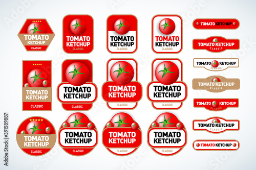 Tomato ketchup, sauce badge label design set. Vector hand drawn illustration of tomatoes in engraving technique. Vintage shield form templates for tomato sauce packaging.